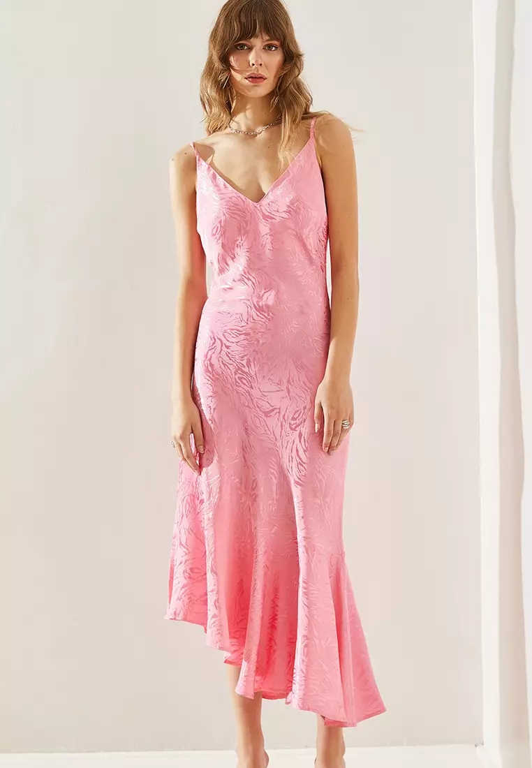 Women's Rope Strap Satin Jacquard Asymmetrical Hem Midi Dress 60251227