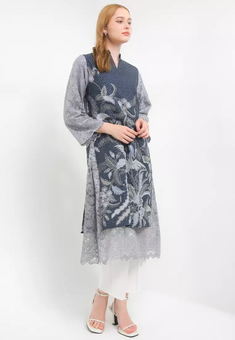 Tunik Muslim Atasan Wanita Jenna Lengan Panjang Blue Grey Brocade