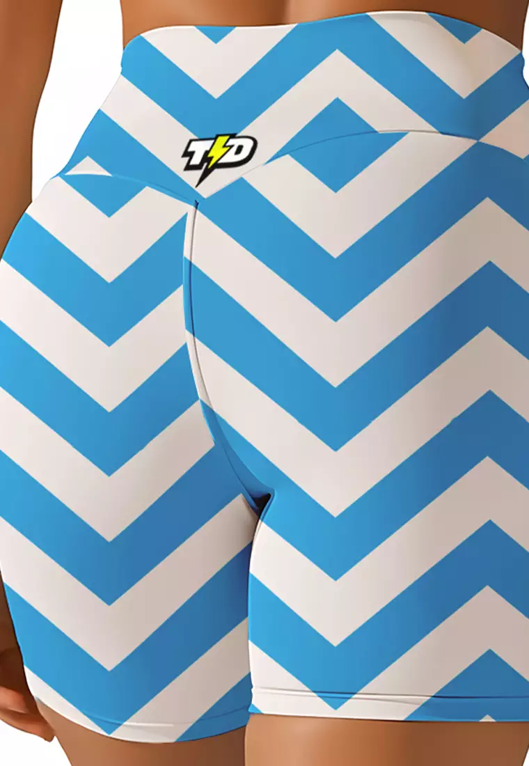 LB111 Celana Legging Td Bolt 5inch Gym Yoga Crossfit zigzag cyan putih