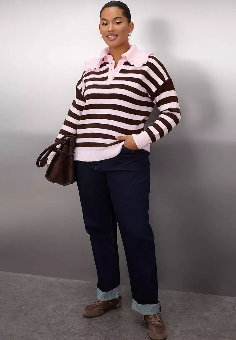 Pink Baby Collar Striped Knitwear Sweater Tbbaw26An00027