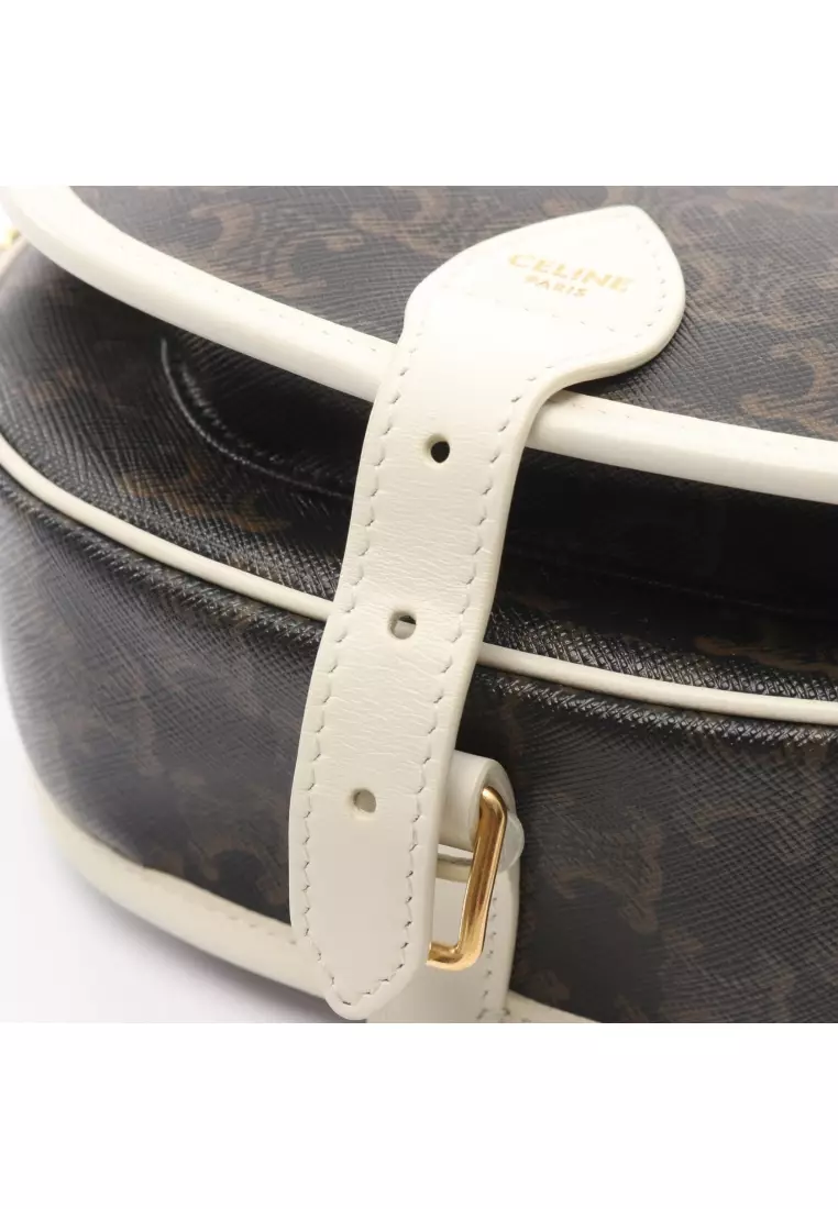 Pre-Loved Celine Folco medium bag Triomphe Shoulder bag PVC leather black Brown white