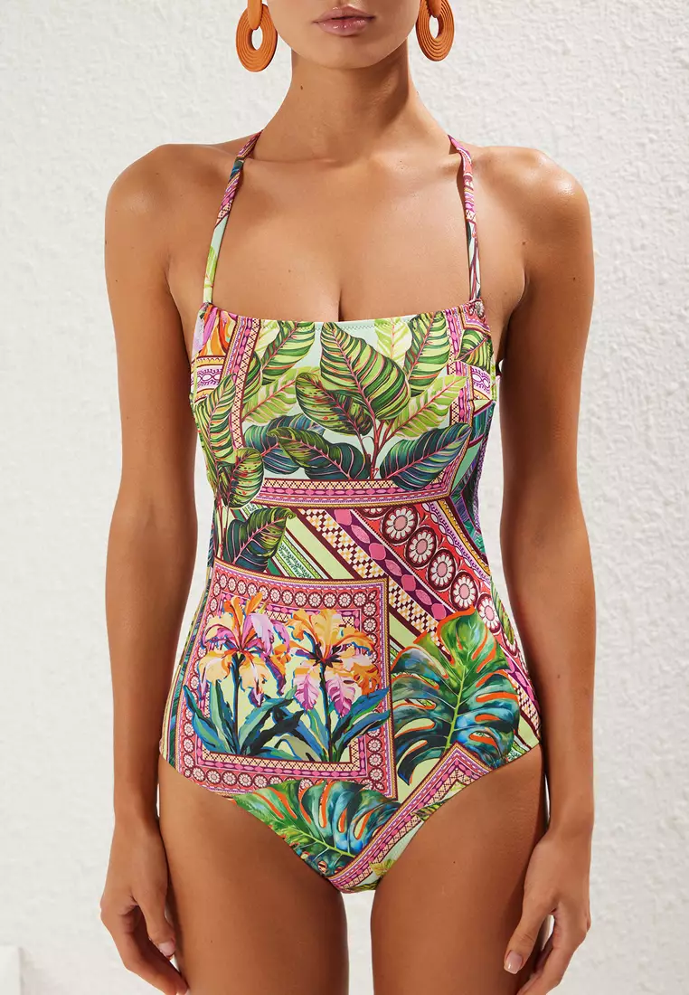 Tropical Patterned Square Neck Backless Regular Core Swimsuit