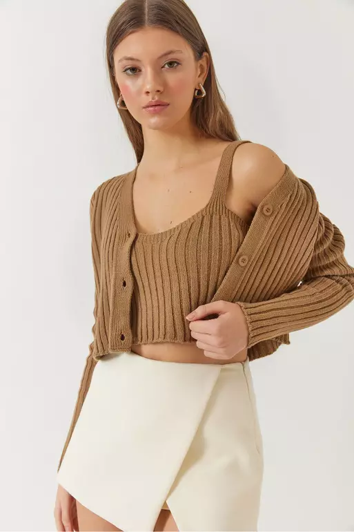 Women's Cardigan Crop Tank Top Double Knitwear Set 60261447