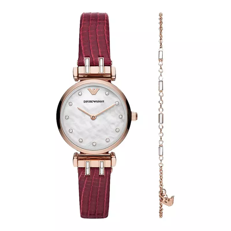 Jam Tangan Wanita Emporio Armani Fashion AR80052 Ladies Mother Of Pearl Dial Burgundy Leather Strap
