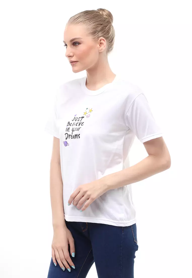 Heller Kaos Atasan Wanita Motif Print Short Sleeves Relaxed Fit - Putih