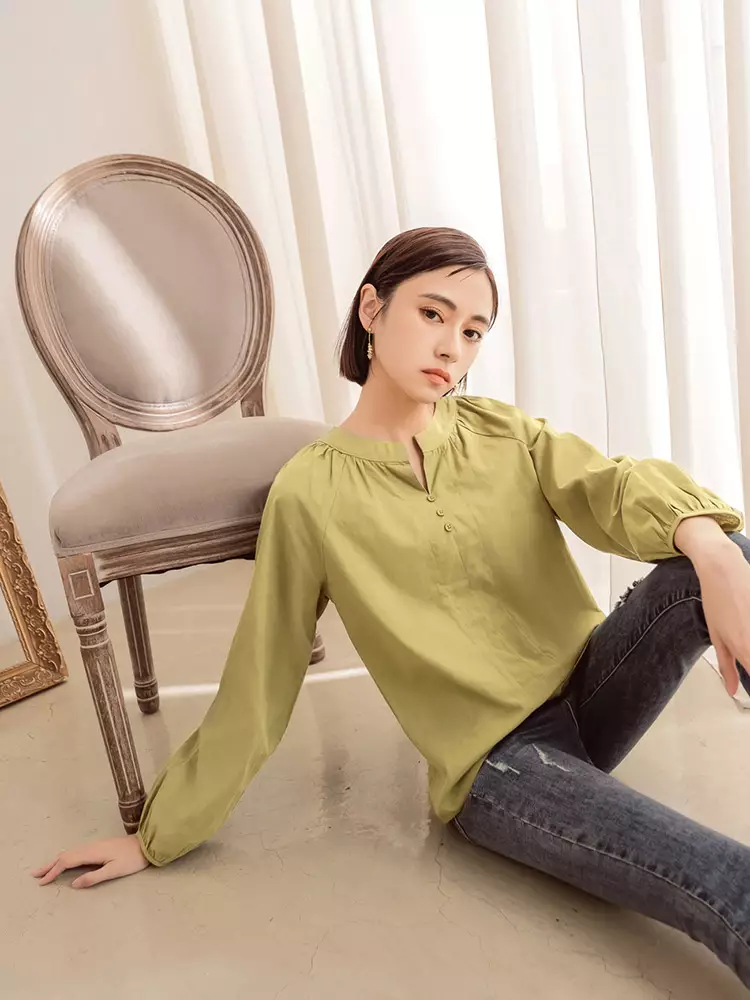 Small V-Neck Pleated Puff Sleeve Solid Top [AB17574]