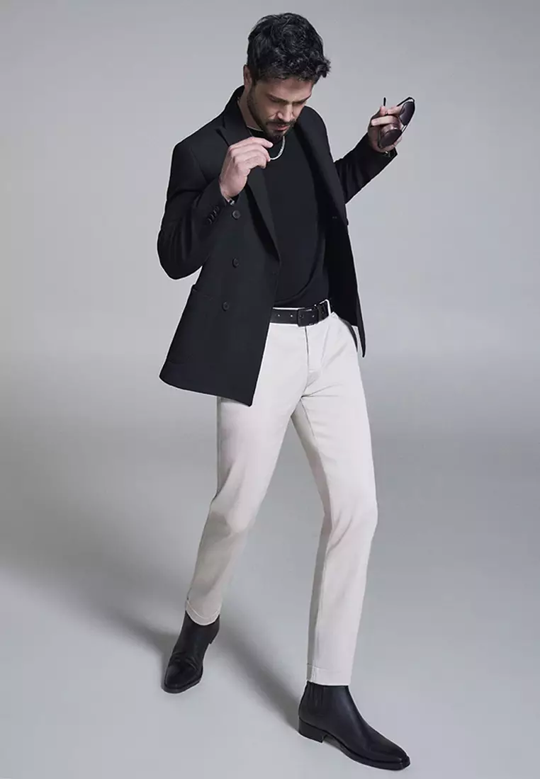 Men's Black Swallow Collar Unlined Double Breasted Closure Jacket A32Y4052