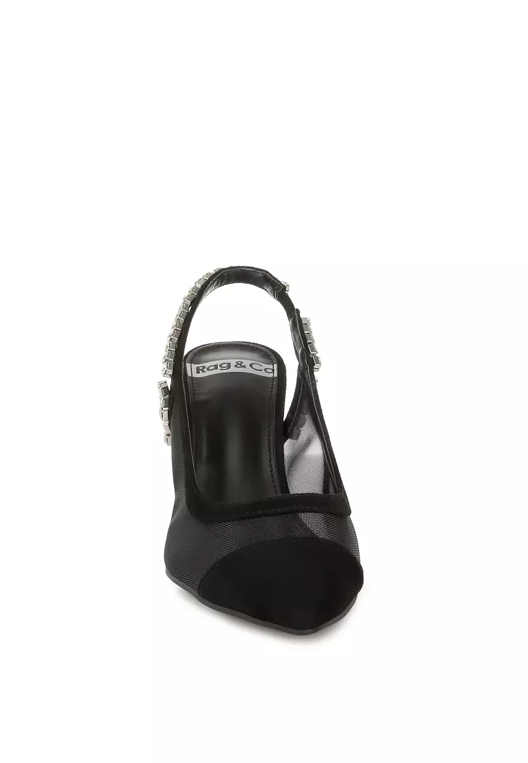 Sandal Slingback Tumit Stiletto Warna Hitam