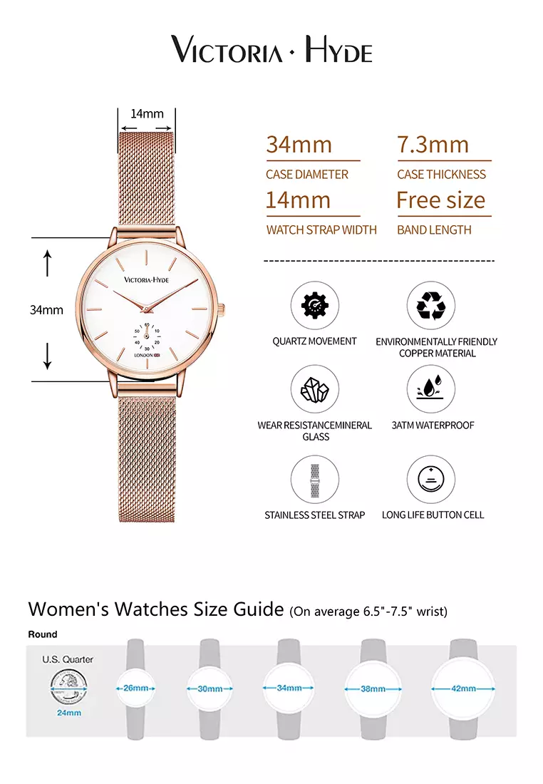 女士休閑手表 34mm白色圓形表盤 獨立秒針 玫瑰金不鏽鋼編織表帶-玫瑰金