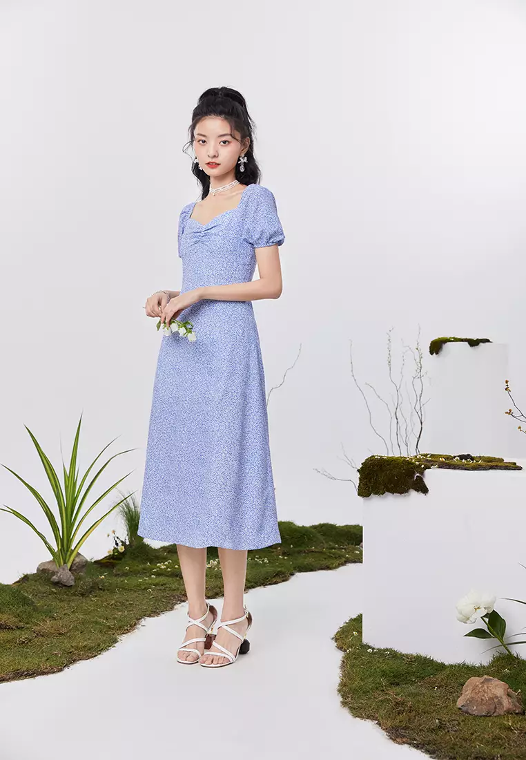 Front Slit Square Neck Floral Midi Dress