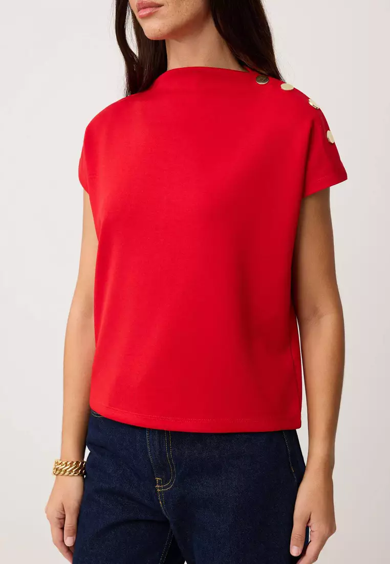 Red Regular/Normal Fit Mock Neck Accessory Detail Cropped Soft Touch Knitted Blouse Twoss26Bz21