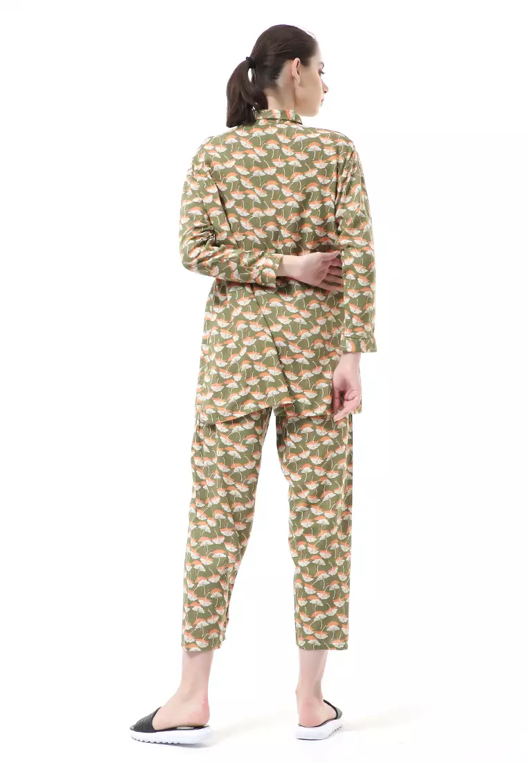 Nayra One Set Setelan Kemeja Wanita Lengan Panjang Motif Kipas Full Kancing Material Rayon ORIGINAL - Olive