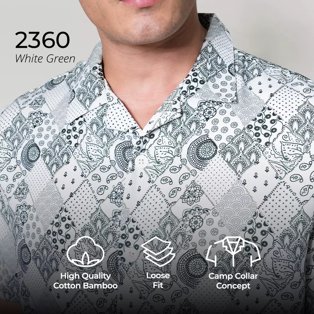 Casella Kemeja Lengan Pendek Kerah Terbuka | Cuban Camp Bowling Collar Xantif Edition 2360 White Green