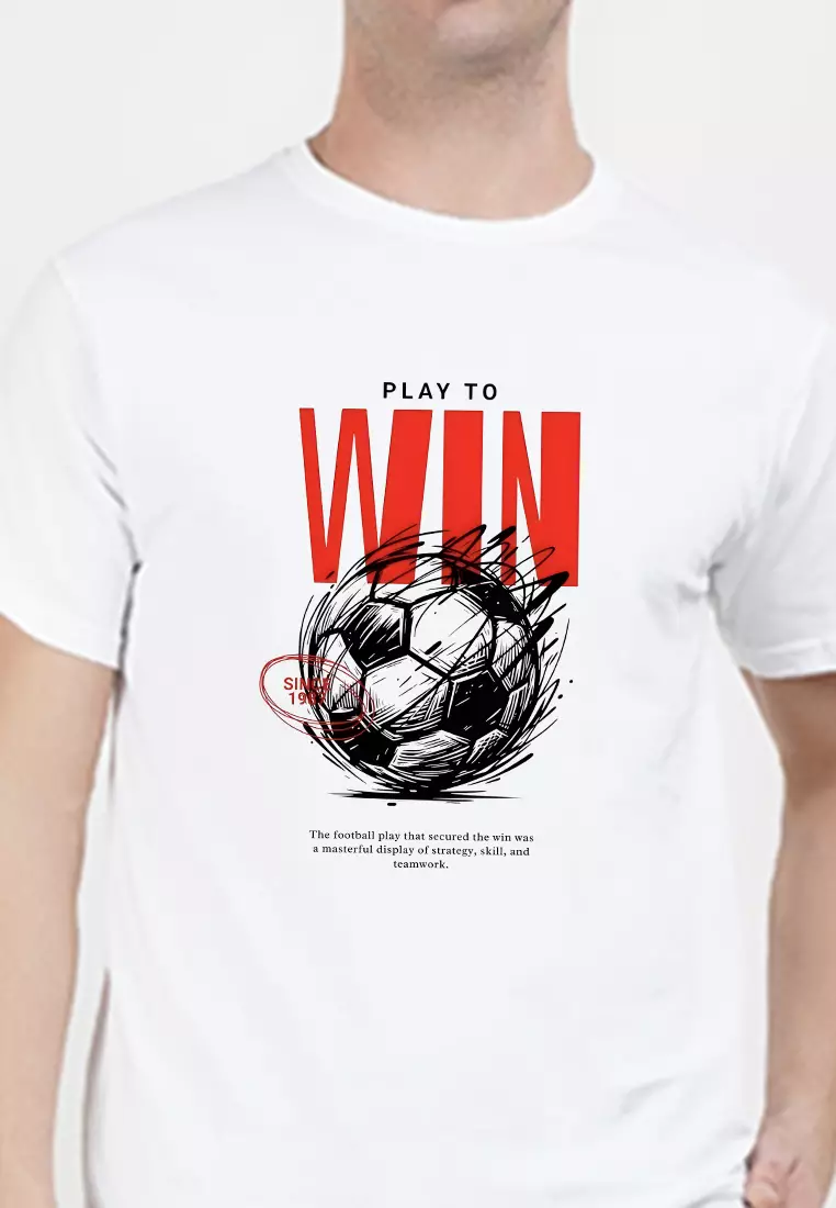 Play To Win 足球图案白色纯棉标准版型T恤/短袖T恤，圆领