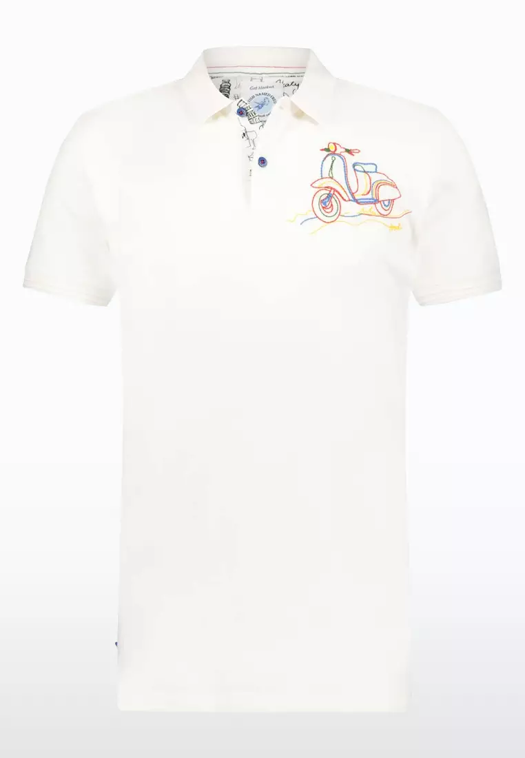 A Fish Named Fred Men White Polo with Iconic Scooter Logo