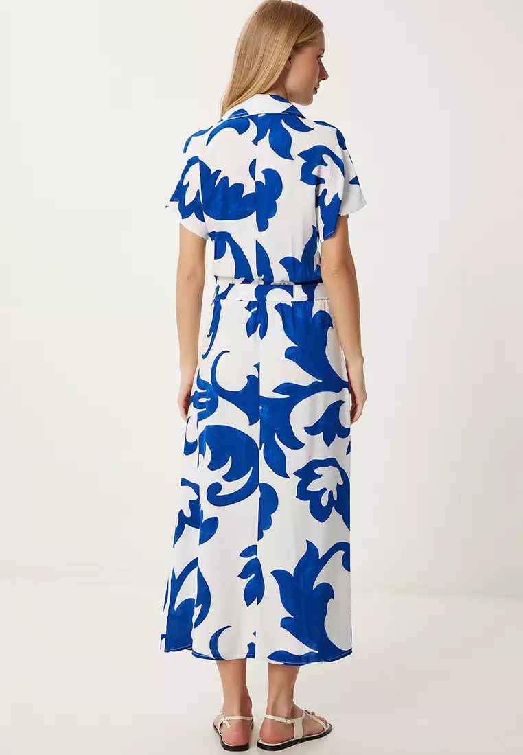 Women's Blue White Patterned Summer Viscose Shirt Dress Ub00390