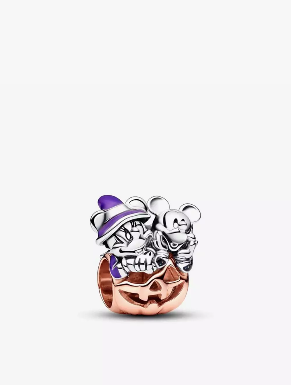 Disney Mickey and Minnie pumpkin sterling silver and 14k rose gold-plated charm with black and purple glow in the dark enamel