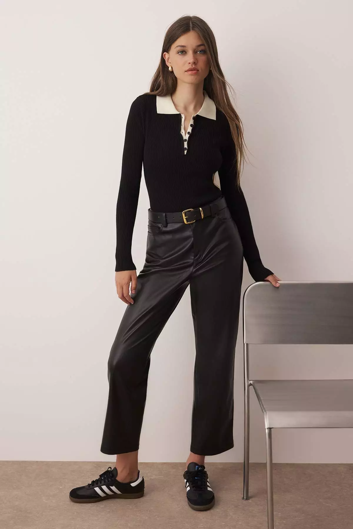 Black Premium Yarn/Special Yarn Waist Draped Thin Knit Sweater Twoaw26Kz00163