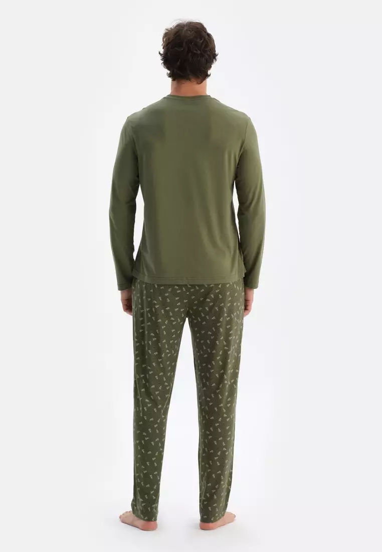 Khaki T-Shirt & Trousers Set, V-Neck, Regular Fit, Long Sleeve Sleepwear for Men