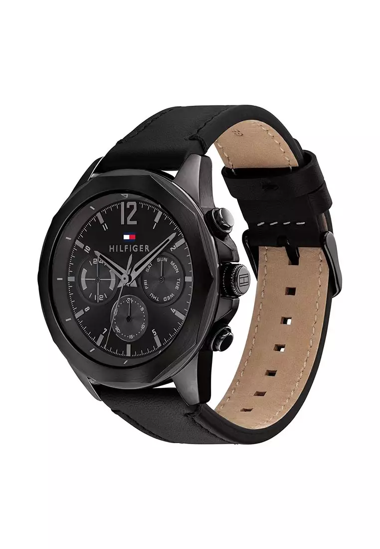 Buy Tommy Hilfiger Watches Men s Black Leather Strap and Black