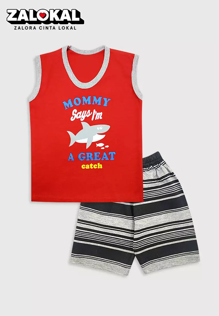 Wakakids Baju Singlet Bayi Anak Laki Laki Motif Mommy Shark Setelan Celana Kaos Usia 6 Bulan Hingga 12 Bulan 3124 Merah
