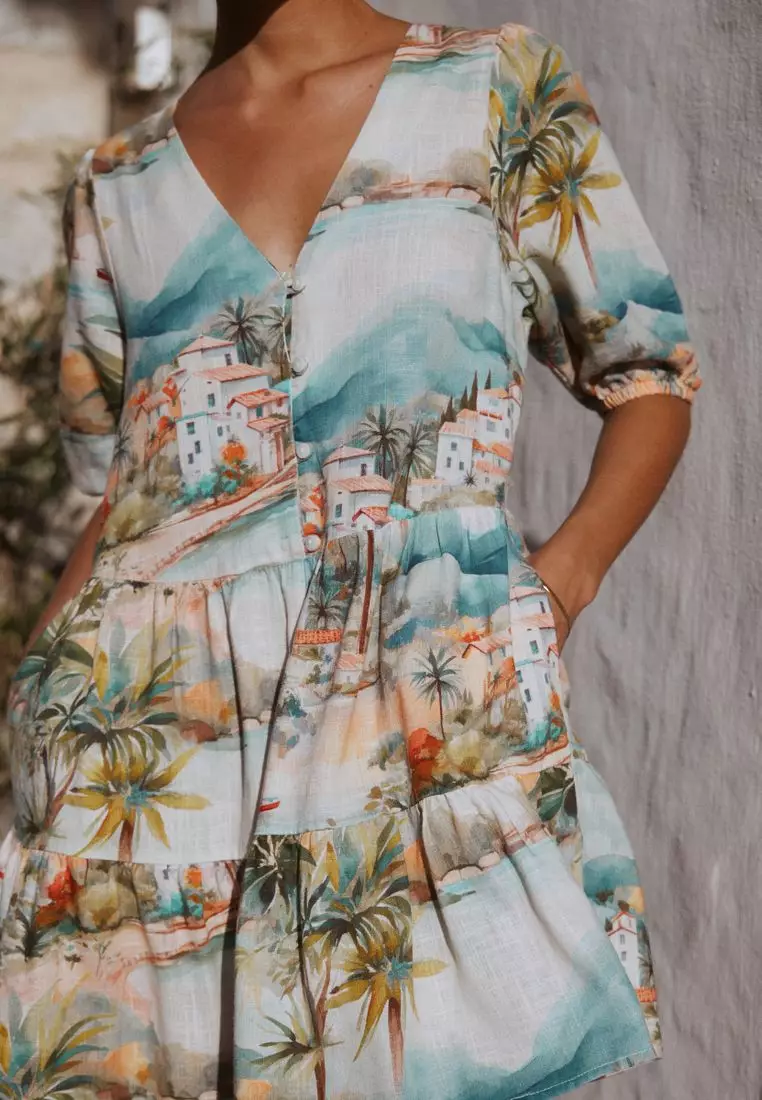 Short Sleeve Button Through Tiered Mini Dress with Linen