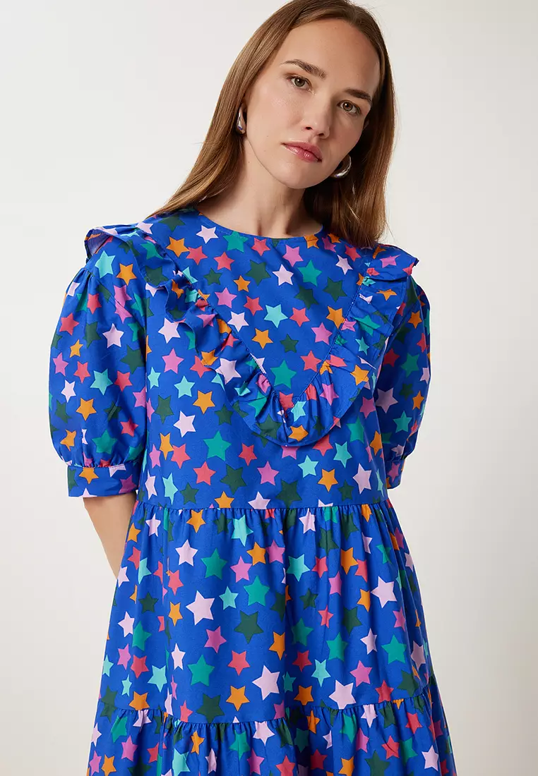 Women Dark Blue Patterned Summer Midi Poplin Dress Fk00032