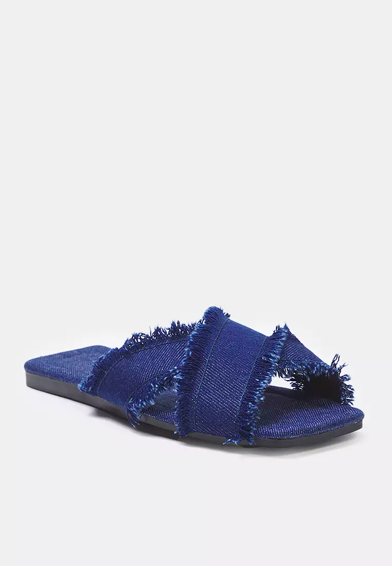 Navy Blue Tassel Detailed Denim Cross Banded Women's Slippers Takss25Te00043