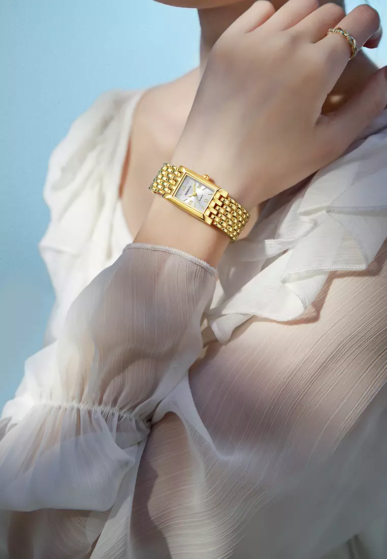 Jam Tangan Wanita Elegan Quartz Desain Kotak Klasik Strap Rantai Emas Mewah Anti Air  Stylish untuk Harian dan Pesta white