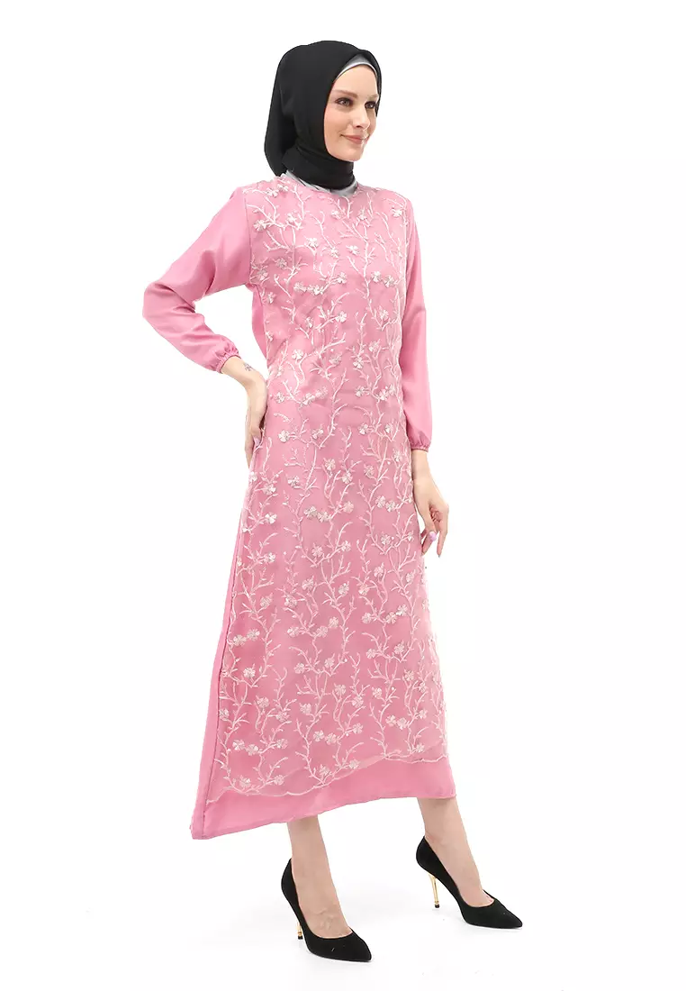 Syakilla Gamis Dress Brukat Wanita Muslimah Relaxed Fit - Pink