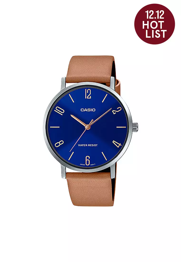 Jam Tangan Pria Casio General MTP-VT01L-2B2UDF Blue Dial Tan Leather Band