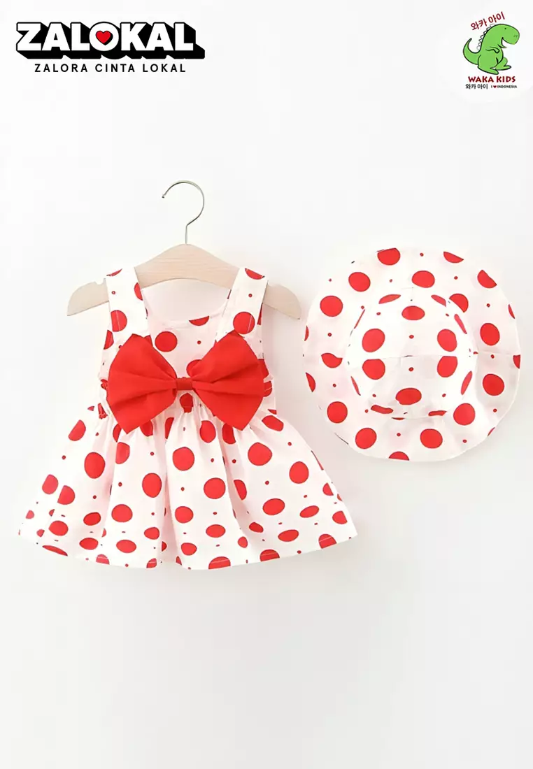 Wakakids Dress Bayi Anak Perempuan Set dengan Topi Motif Lucu Pita Full Printing Katun 4424 Venrz Little Polka Merah