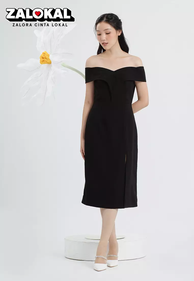 Jual Cloth Inc Lora Off Shoulder Dress in Black Original 2024