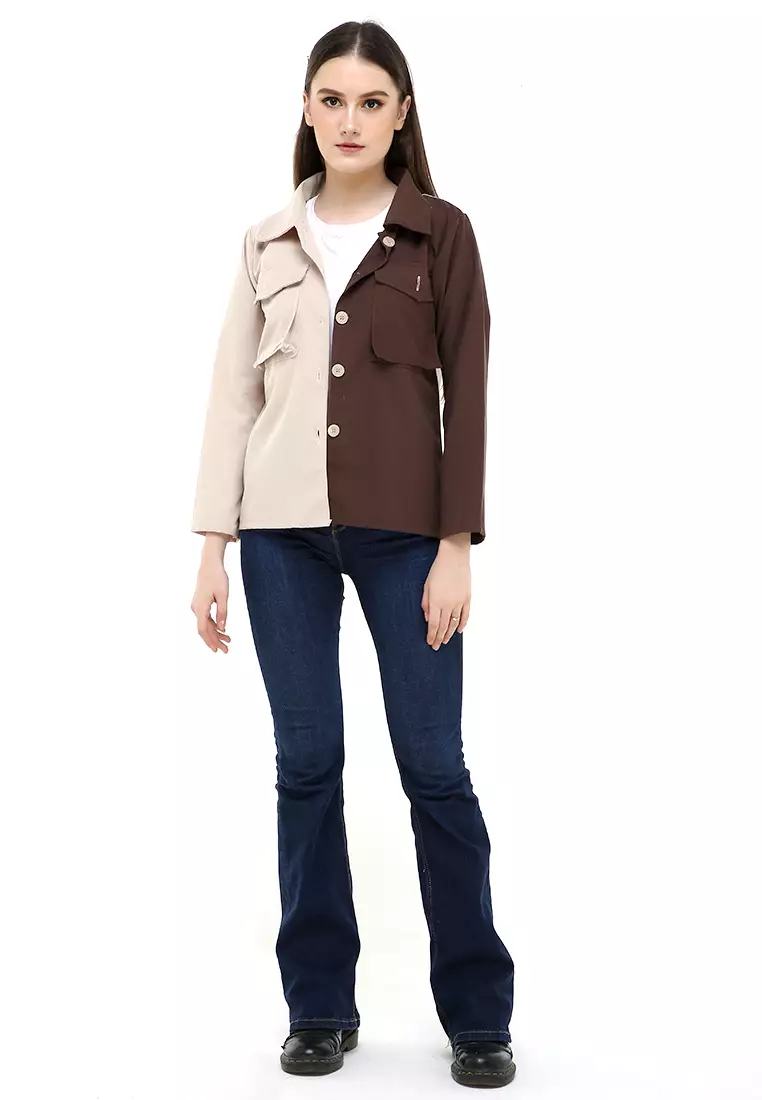 Hardwin Jacket Wanita Two Tone Casual Longsleeve Material Canvas ORIGINAL - Mocca