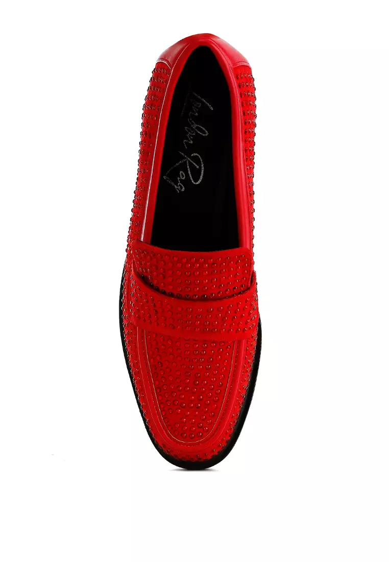 Sepatu Loafer Berhias Berlian Imitasi Merah