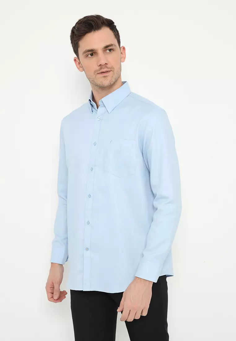 Jobb Brioni Kemeja Pria Lengan Panjang Regular Fit Biru