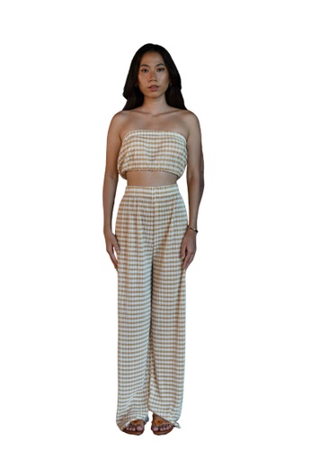 PINK N' PROPER yellow Avery Checkered Gingham Pleated Tube Top and Long pants Co Ord Set in mustard yellow / cream white EEF49US6AB553EGS_1