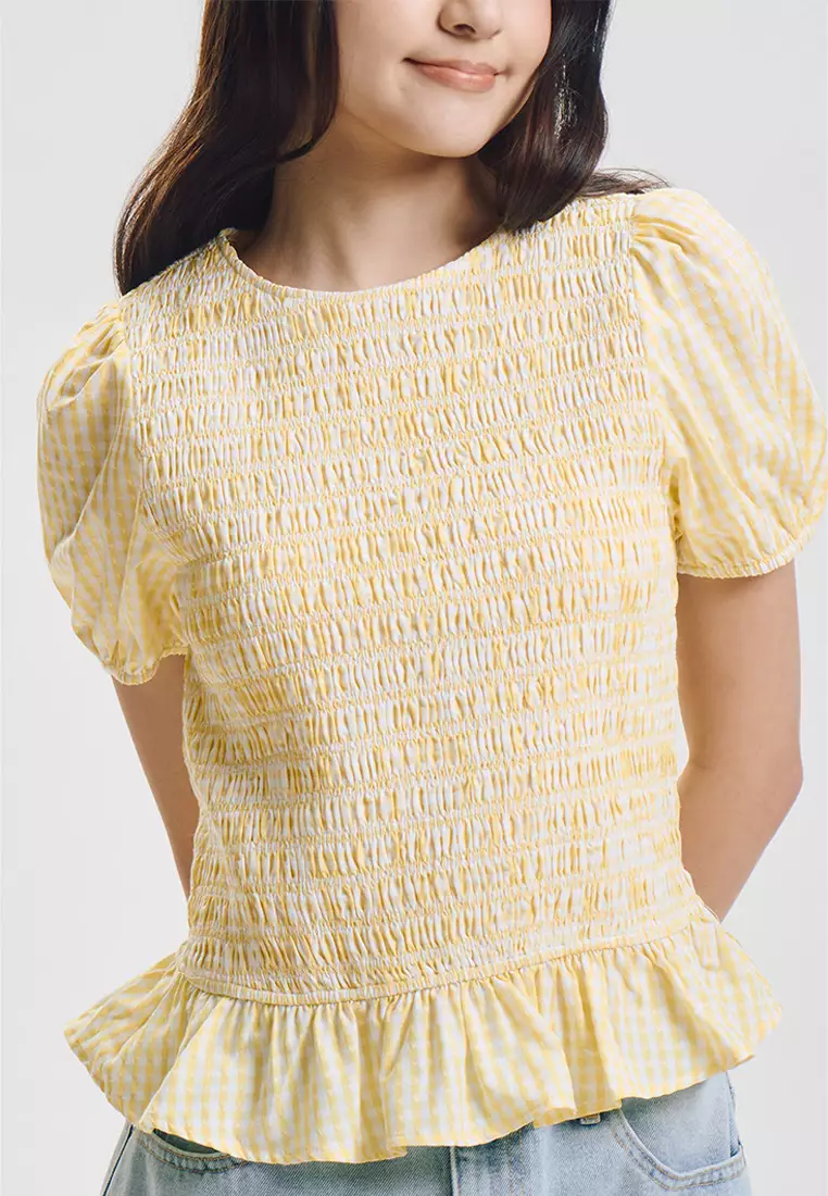 Short Sleeve Smocking Gingham Print Top