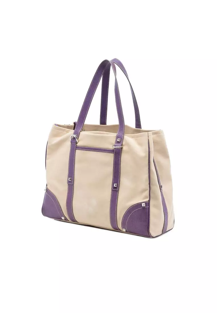 Pre-Loved Prada Studded Leather Trimmed Canvas Front Pocket Tote