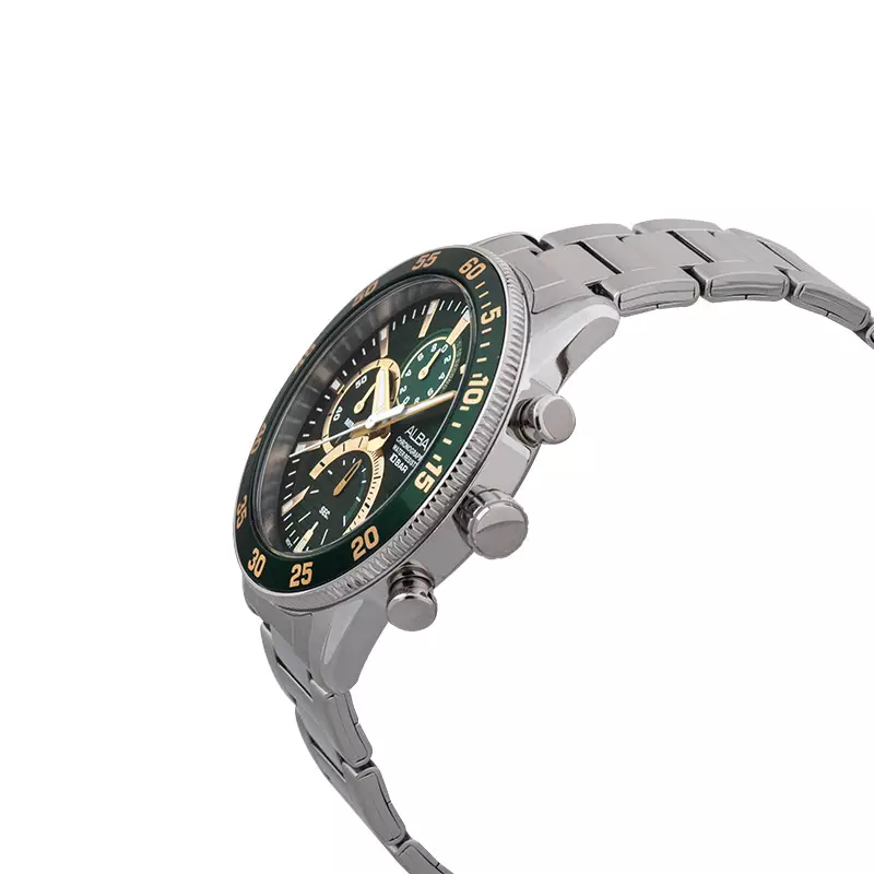 Jam Tangan Pria Alba Active AM3889X1 Chronograph Men Green Dial Stainless Steel Strap