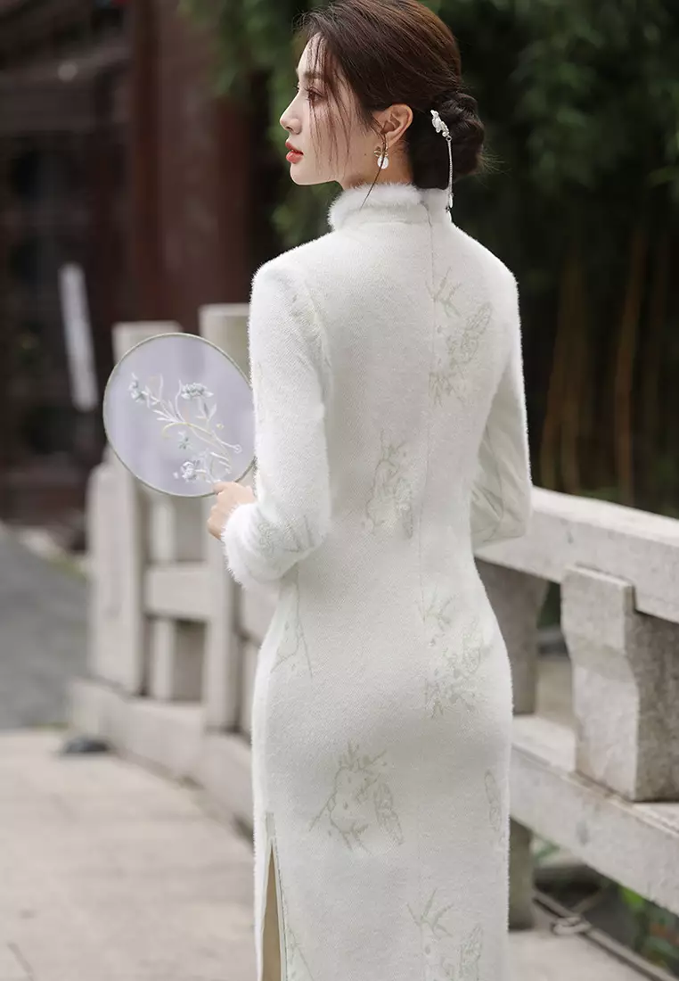 Temperament imitation mink soft mid length cheongsam dress CA122722GR