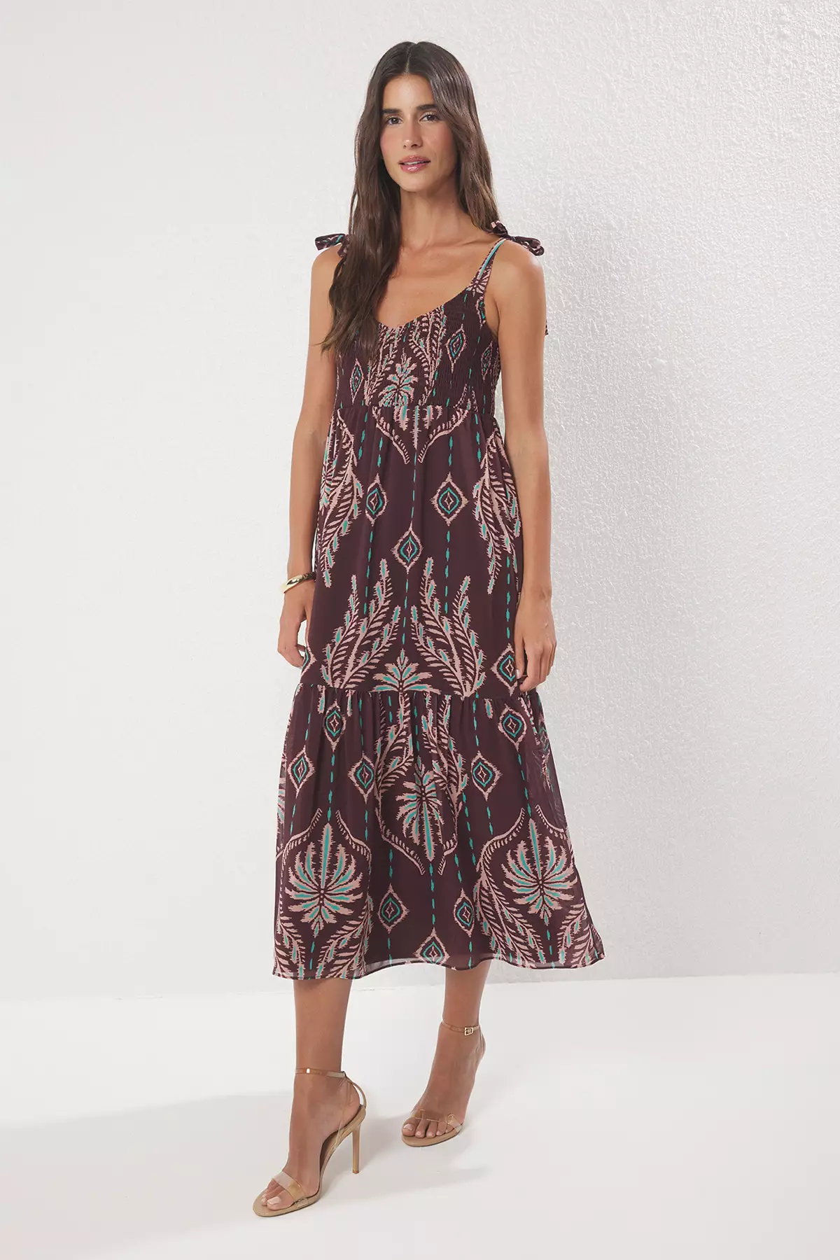 Brown Shawl Pattern Skirt Waist Opening Gipel Maxi Woven Dress TWOSS25EL00710