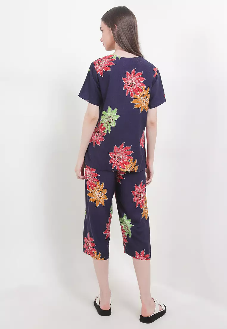 Baju Tidur Wanita Piyama Pajamas Batik Setelan Piyama Florina Atasan Blouse dan Bawahan Celana Navy