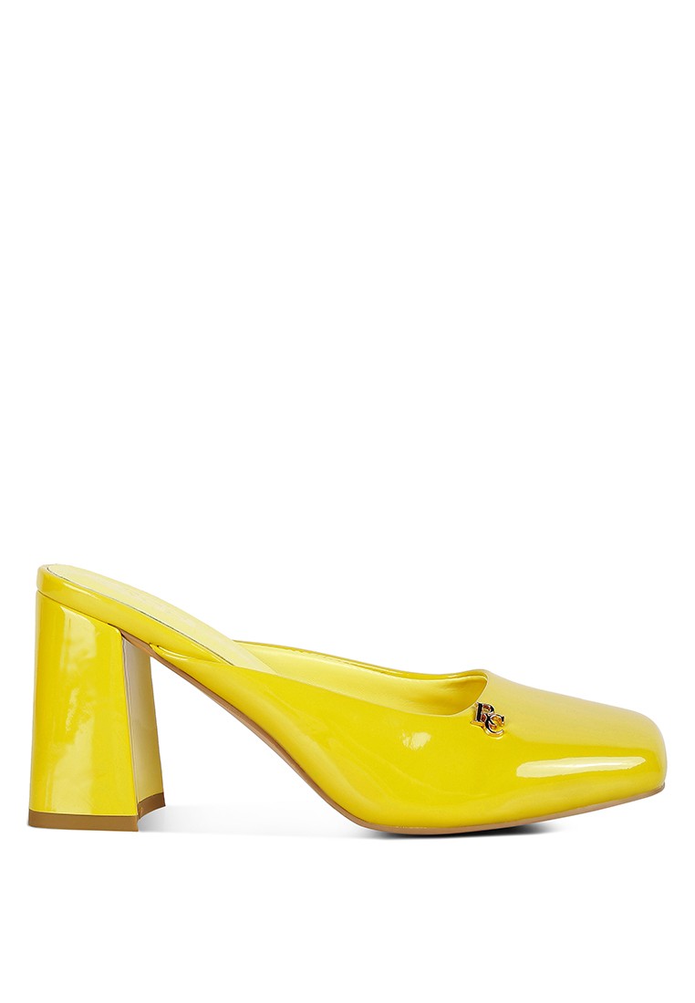 Yellow Patent PU Block Heeled Mules
