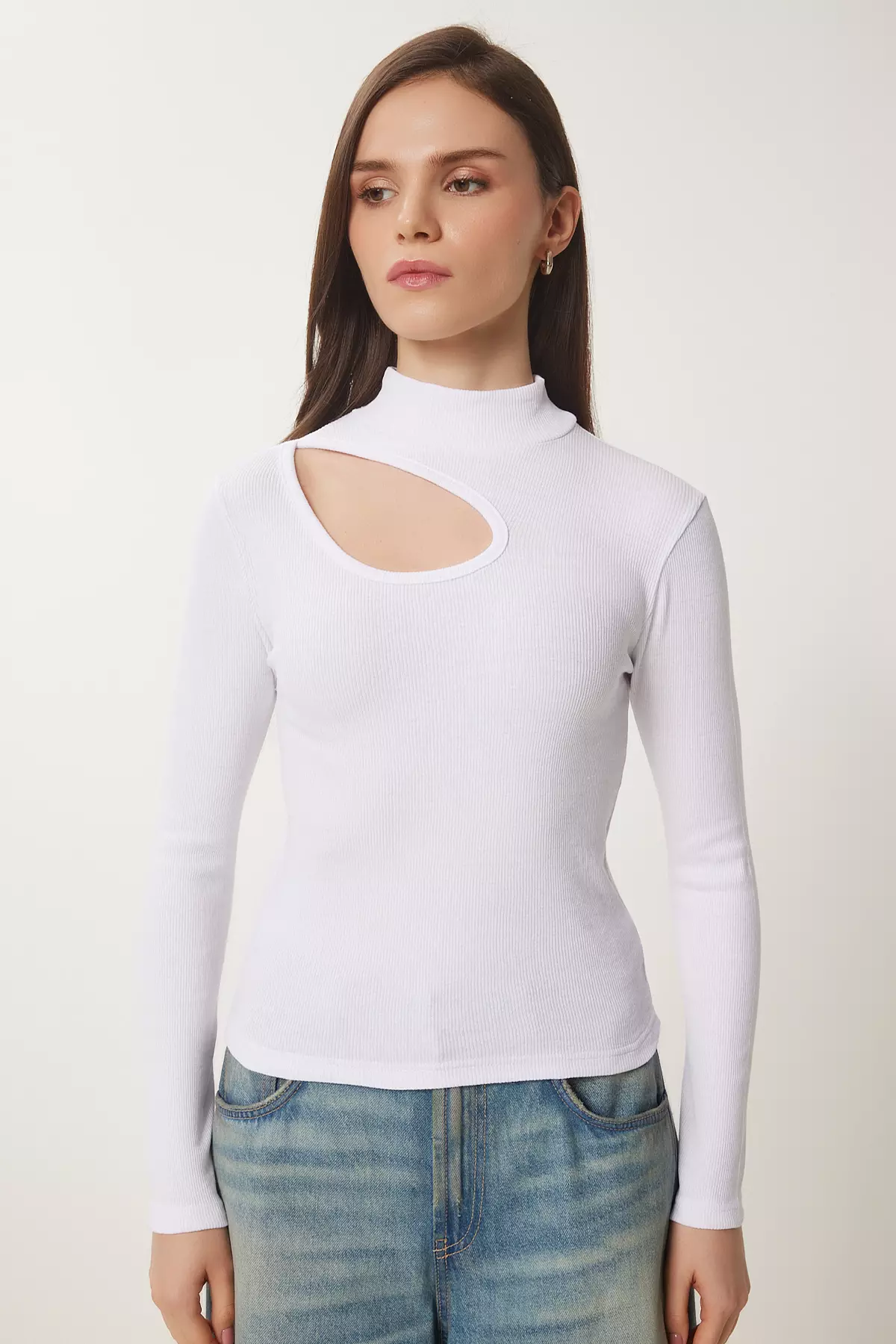 Women'S Cream White 2-Pack Cut Out Detailed Ribbed Knitted Blouse Gt00235