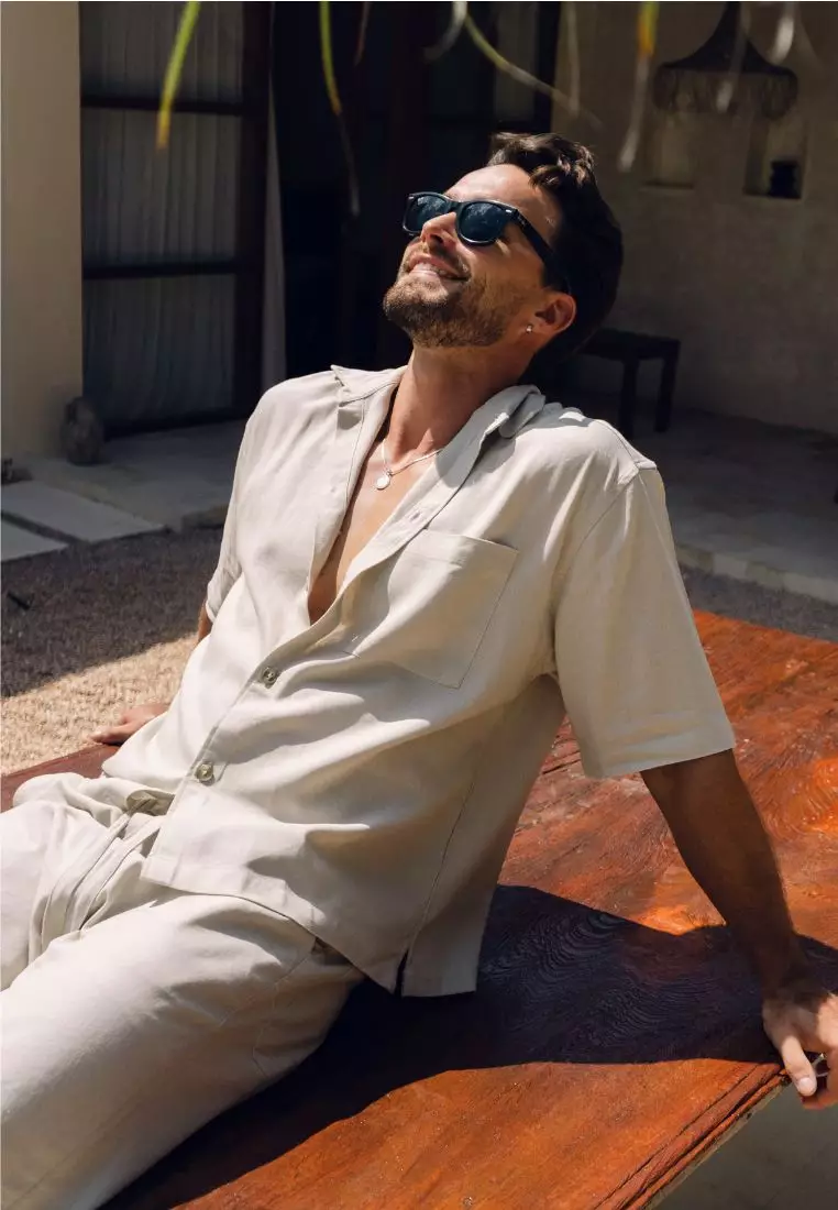 Cream Boxy Set Kemeja Celana Linen Pria Cream | Linen Set Men Cream