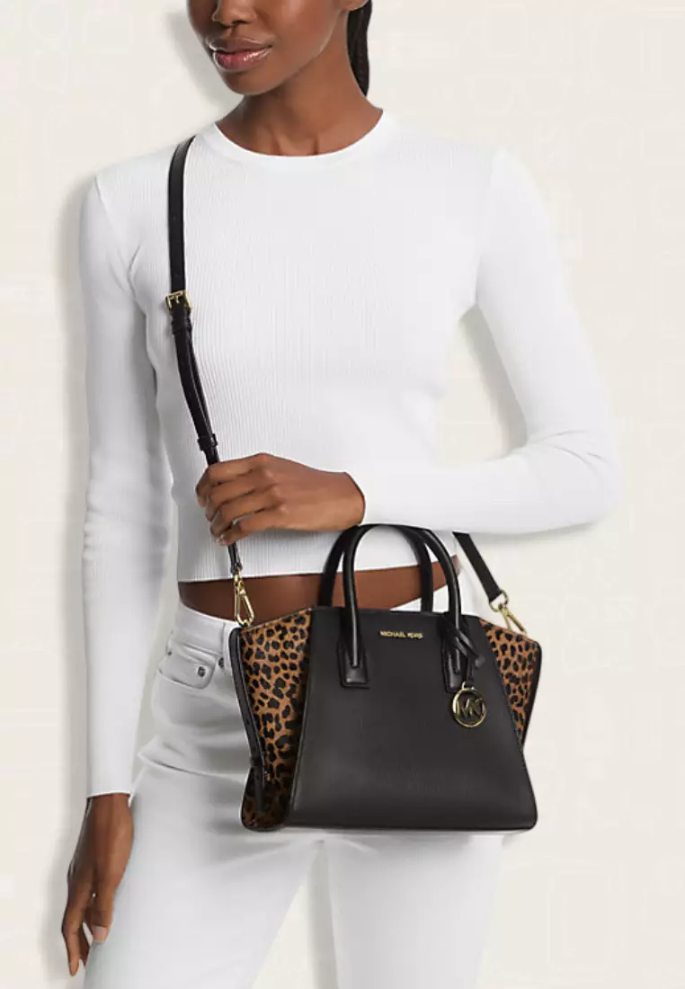 Michael Kors Avril Small Leather and Cheetah Print Calf Hair Satchel Black Multi