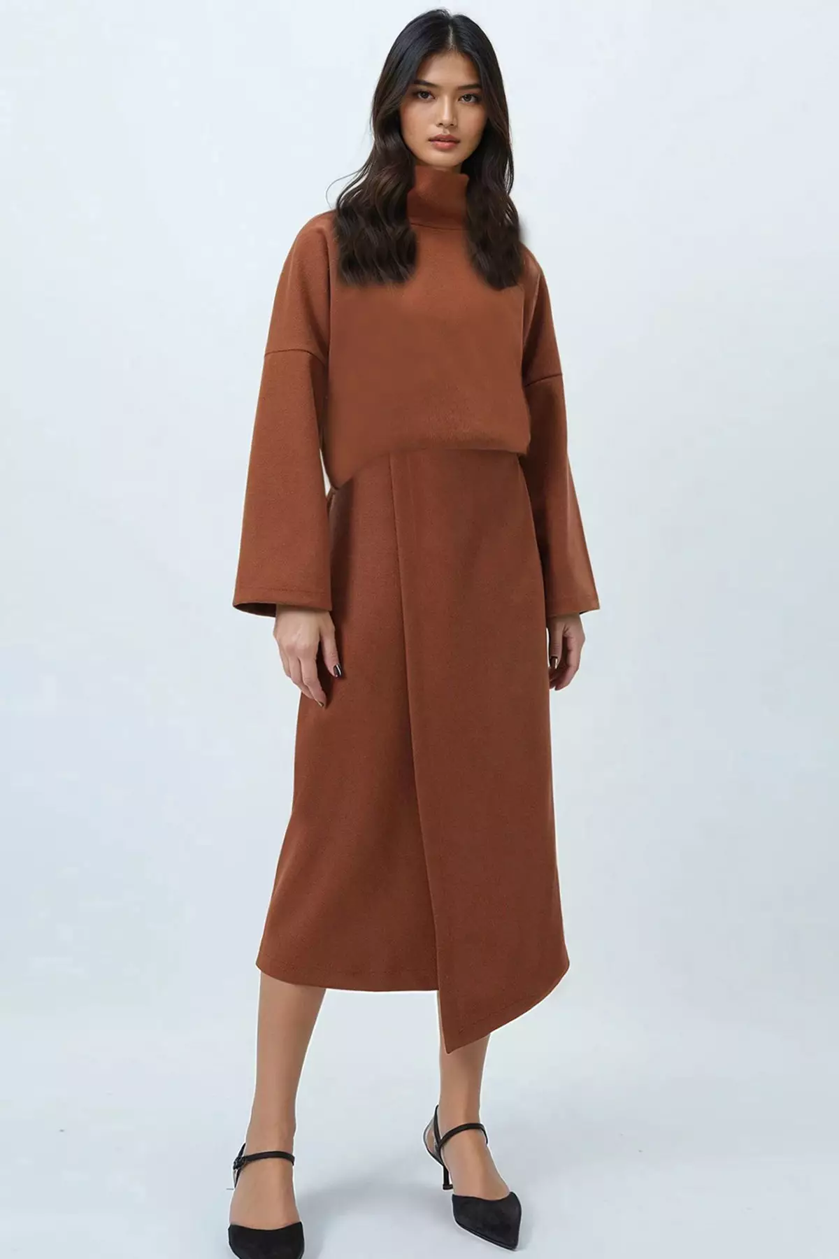 Women'S Cinnamon Brown Stand Collar Wide Cut Blouse And Asymmetric Wrap Midi Skirt Kaşmi Takm Alc-X14443