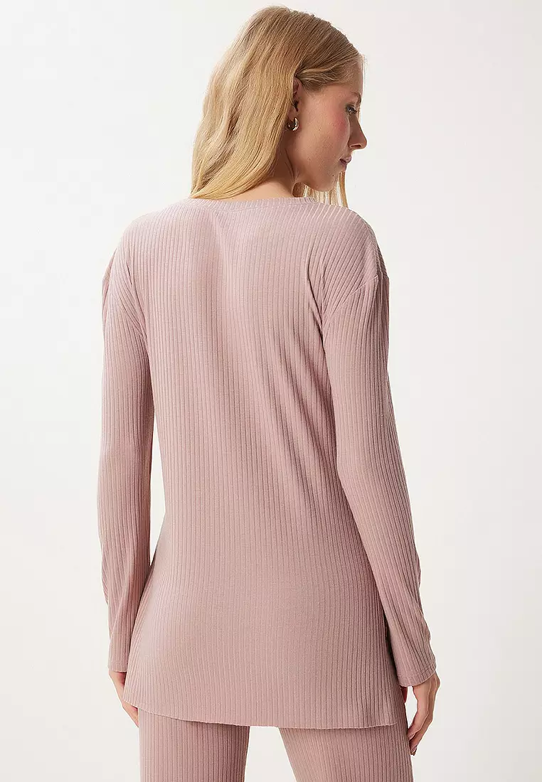 Comfortable Ribbed Knitted Blouse Trousers Set