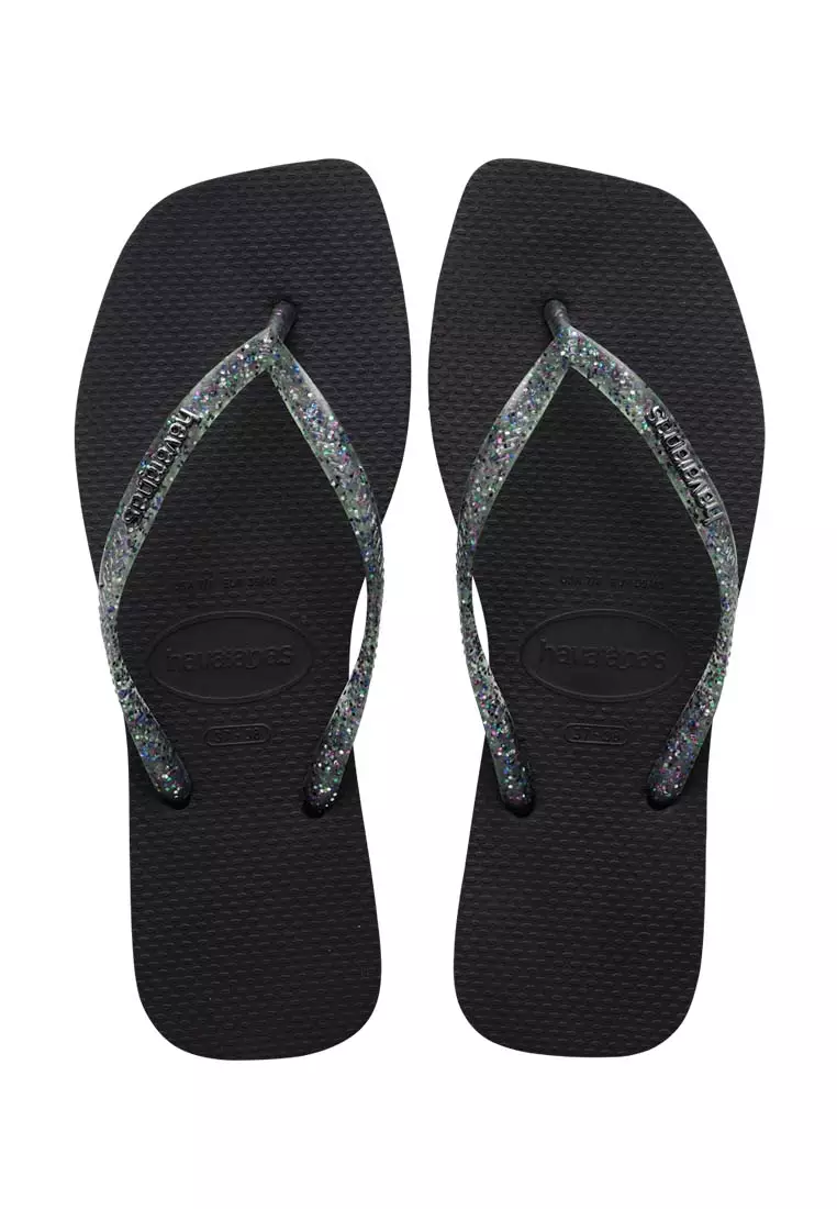 Women Slim Square Logo Metallic - Black Flip Flops